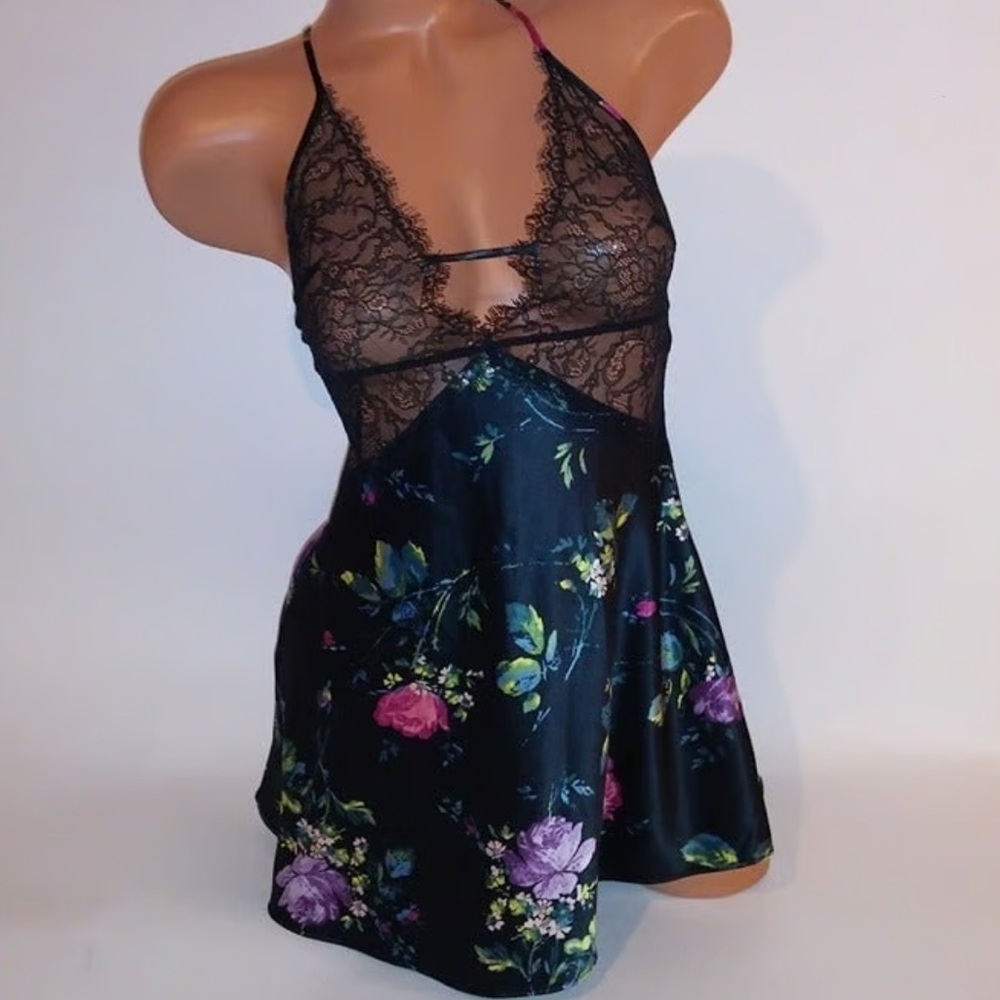 Victoria's Secret Black Floral Lace Chemise